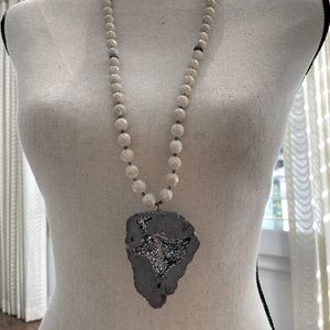 Beaded necklace with Titanium quartz pendant  and micro pave magnetic clasp